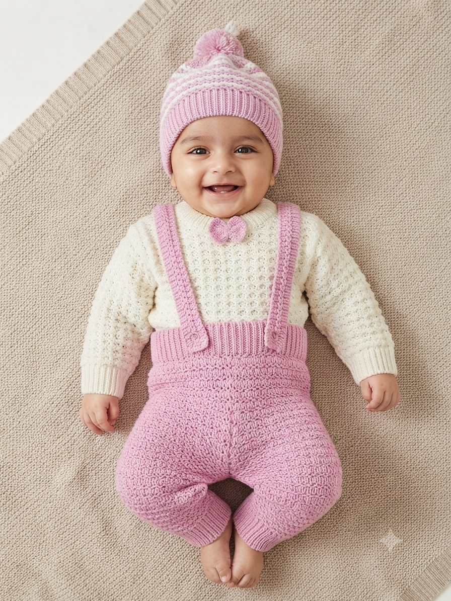 Cute baby knitwear outfit set with long-sleeve sweater, overalls, and matching beanie hat.