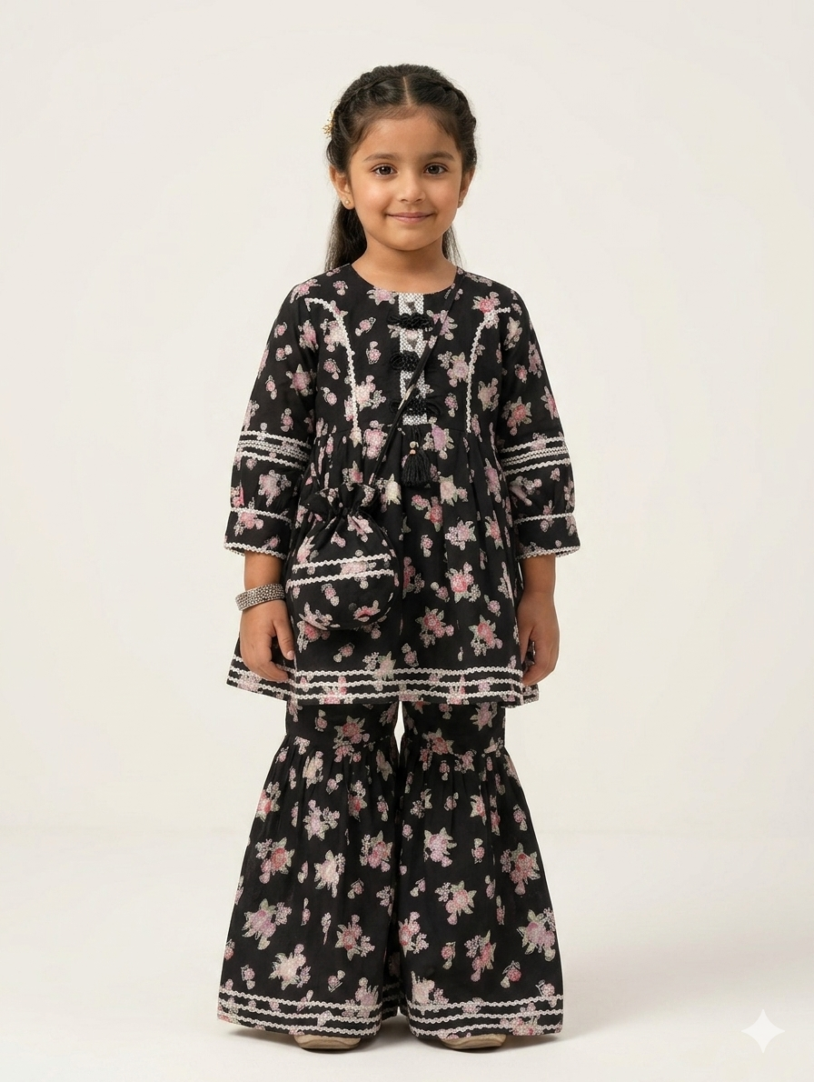 Elegant Girls Floral Print Gharara Set With Matching Potli Bag For Festive Ethnic Wear