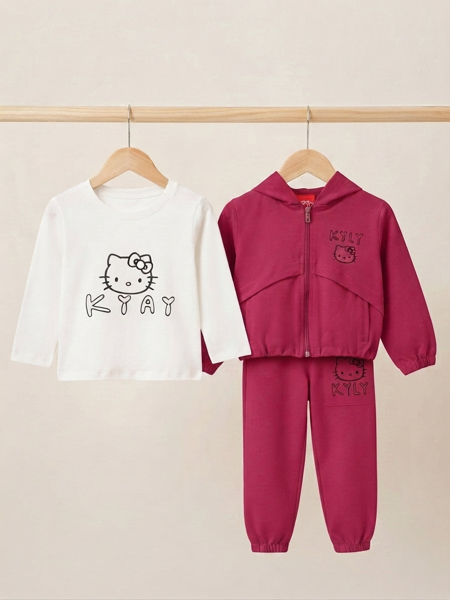 Kids cute 3 piece character tracksuit set with hoodie, inner t shirt, and trousers.