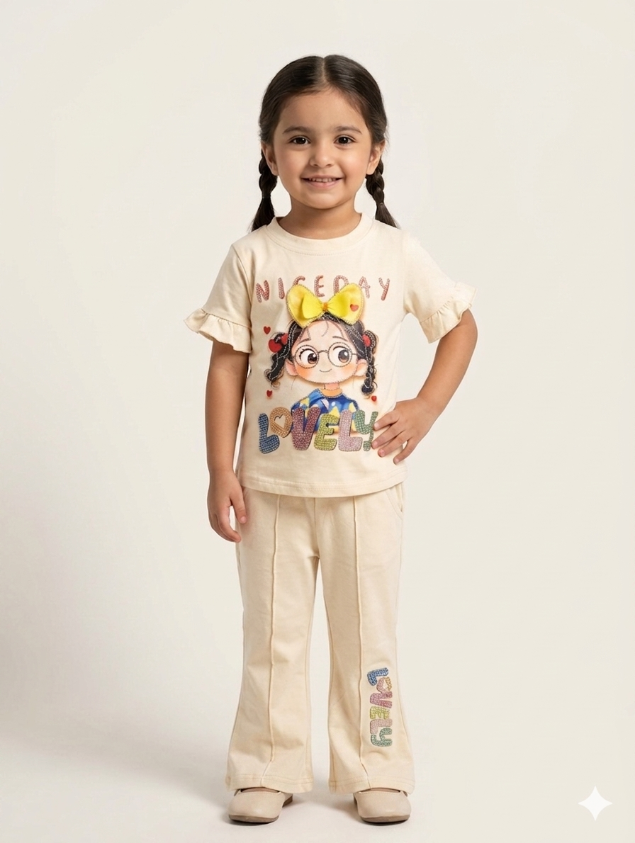 Baby Girl Lovely Character Graphic T-Shirt and Matching Flared Trousers Two Piece Cotton Summer Set