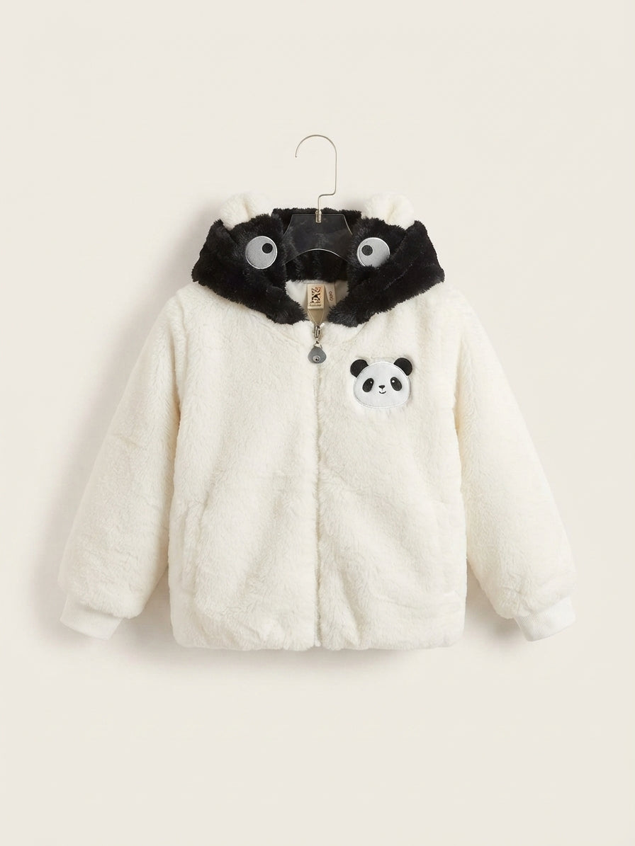 Kids white faux fur panda hoodie jacket with cute ears and front zipper closure.