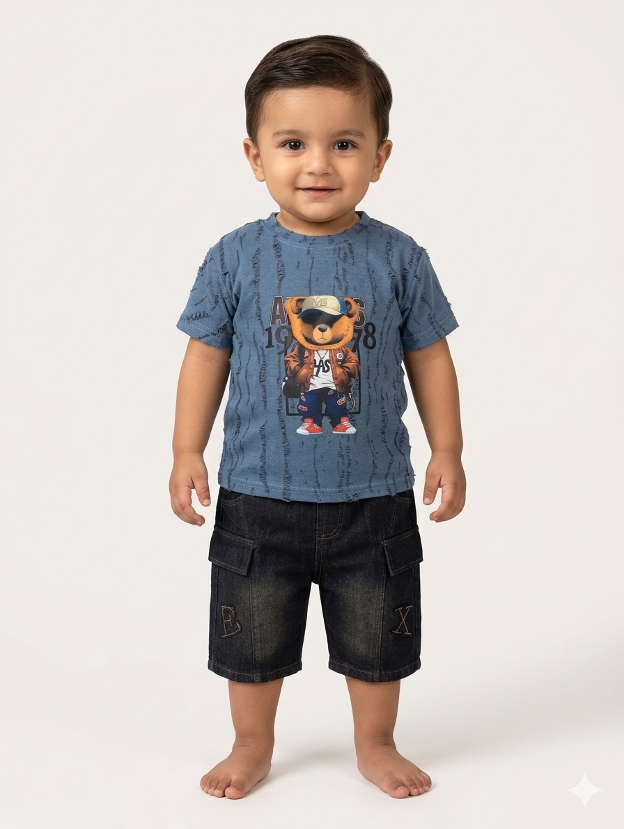 Boys Hip-Hop Bear Graphic T-Shirt and Denim Cargo Shorts Two-Piece Summer Casual Outfit Set