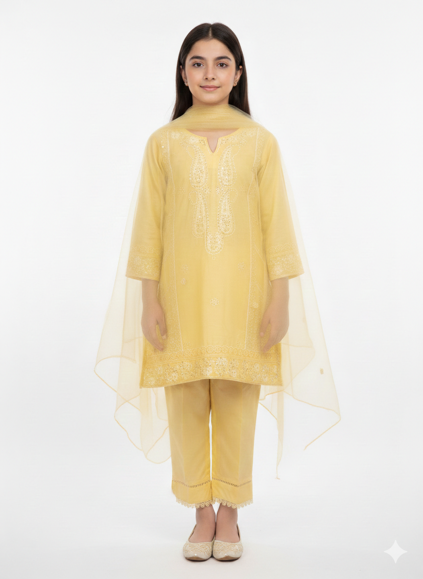 Vibrant Lilac Embroidered Chiffon Three-Piece Festive Suit with Silver Paisleys and Sheer Net Dupatta