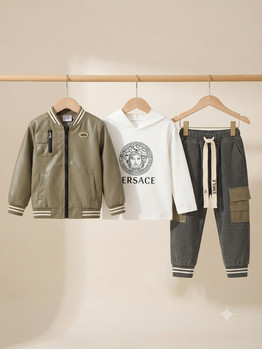 Stylish Kids Leather Jacket Hoodie And Cargo Pants Outfit Set