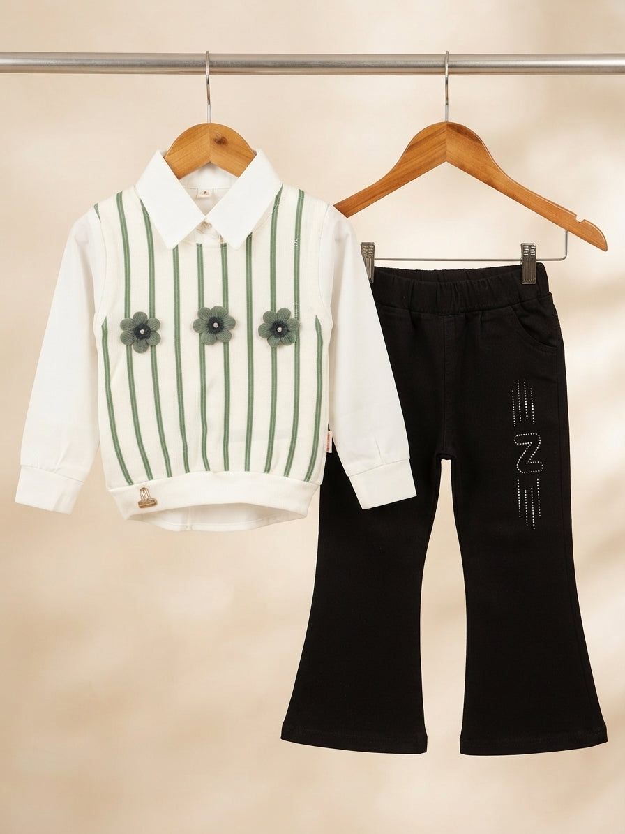 Girls Elegant Striped Floral Top And Black Trouser Pants Outfit Combo Set