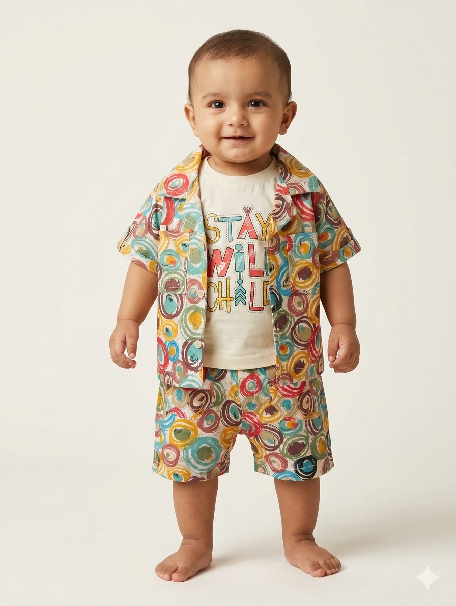 Baby Boys Vibrant Abstract Print Three Piece Summer Set with Stay Wild Child Graphic Tee