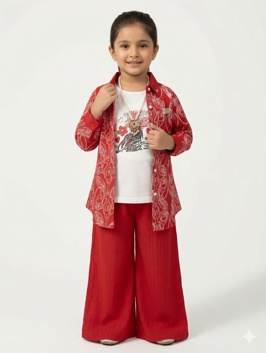 Girls' Three-Piece Paisley Print Shacket Set with Graphic Tee and Wide-Leg Palazzo Pants