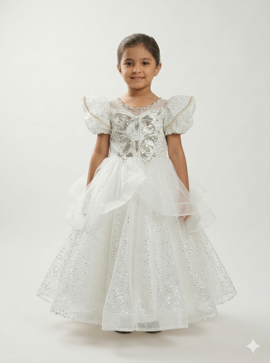 Little Girls Enchanting Butterfly Wing Sequin Ball Gown With Layered Tulle And Puff Sleeves