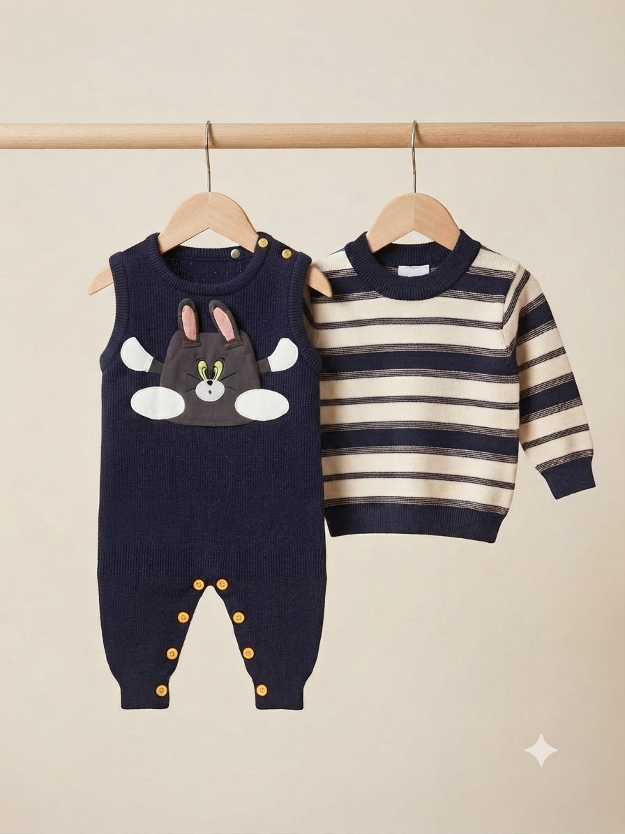 Baby Girls Cute Cartoon Character Knitted Romper And Striped Sweater Winter Outfit Set