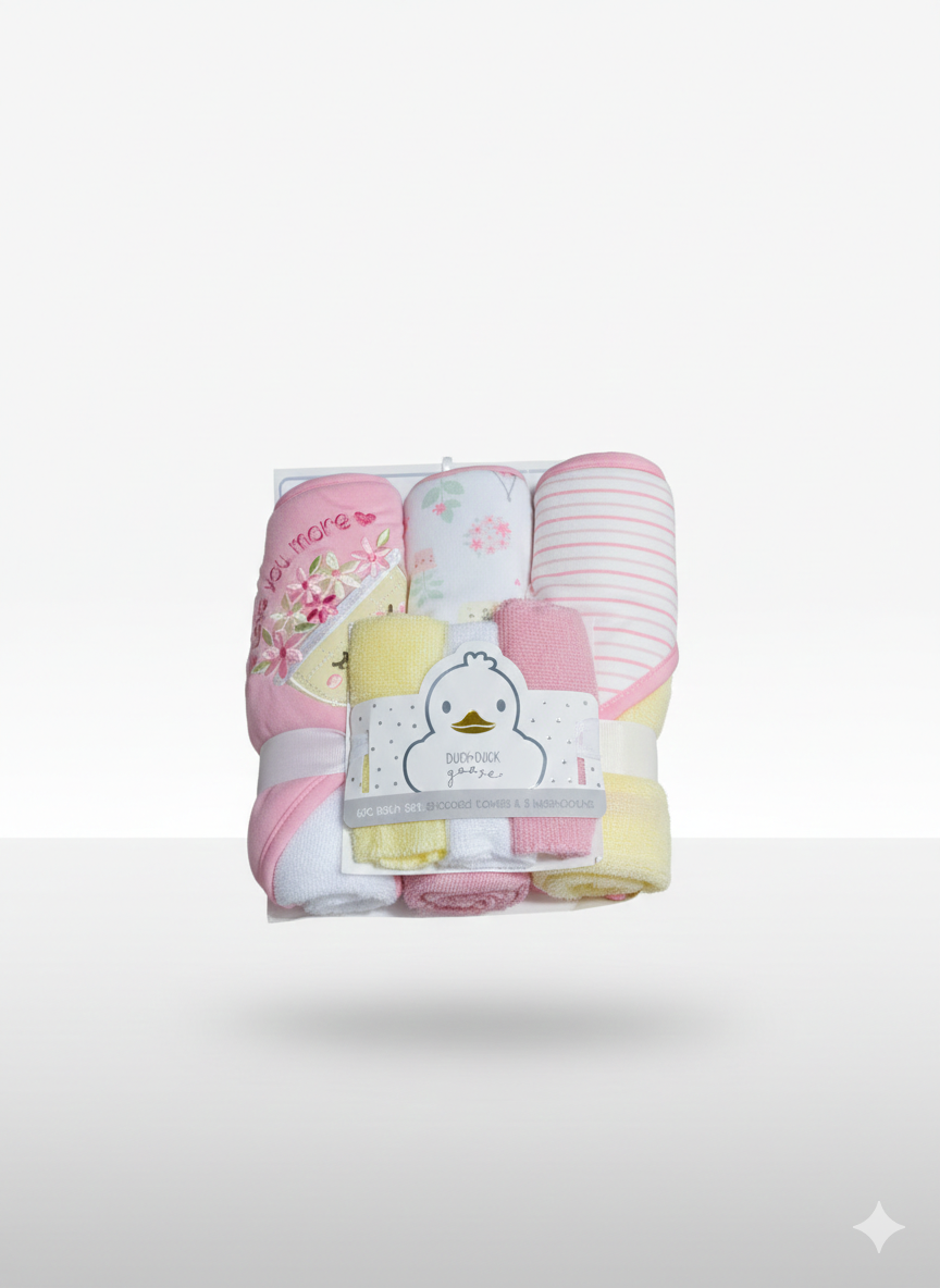 Duck Duck Goose Baby Girl 6-Piece Bath Set | 3 Hooded Towels 3 Washcloths | Floral You