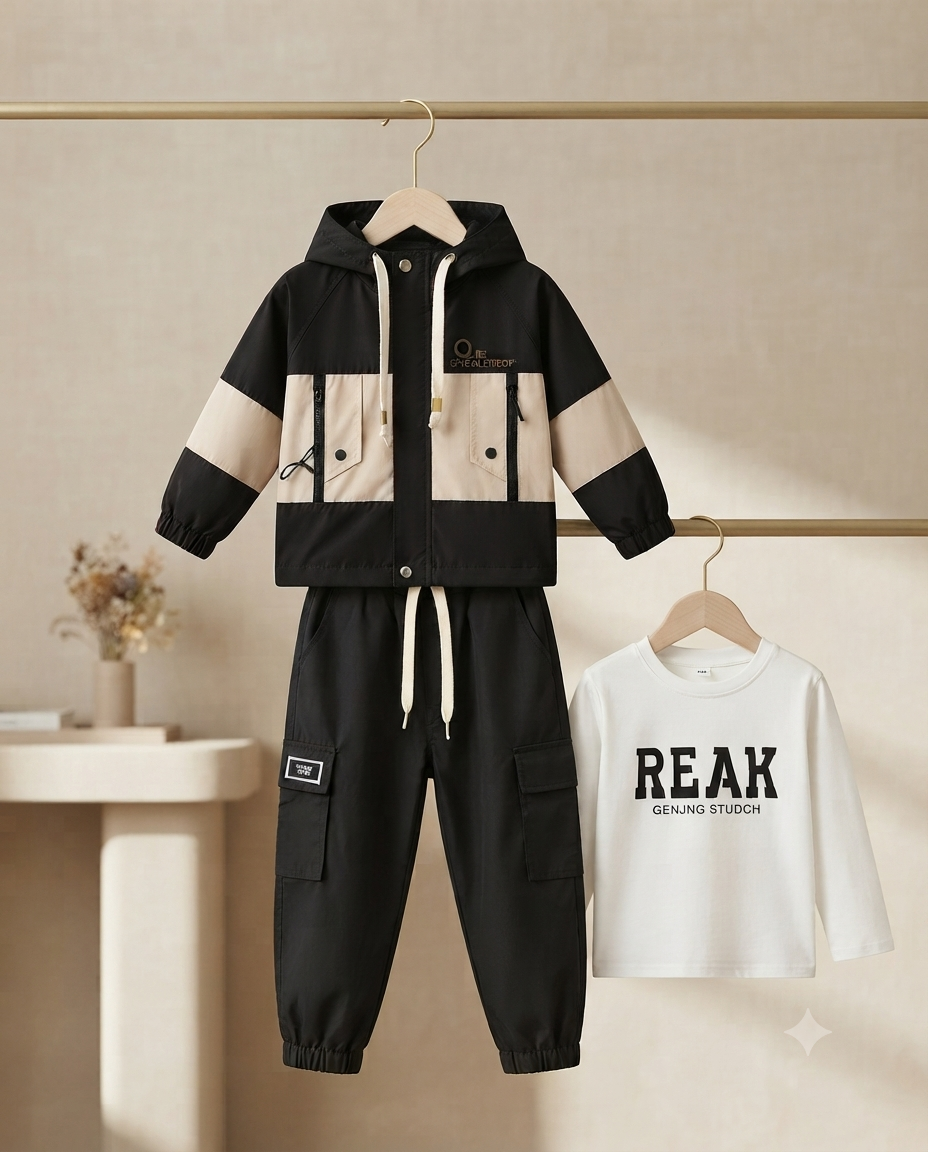 Stylish Utility Hooded Jacket Set With T-shirt And Cargo Pants For Kids