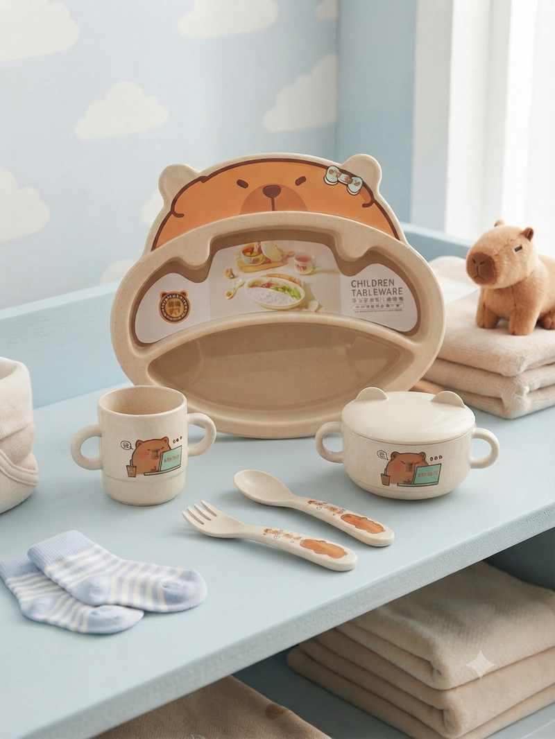 Cute Bear Themed Children Tableware Set With Divided Plate Bowl Cup Spoon And Fork