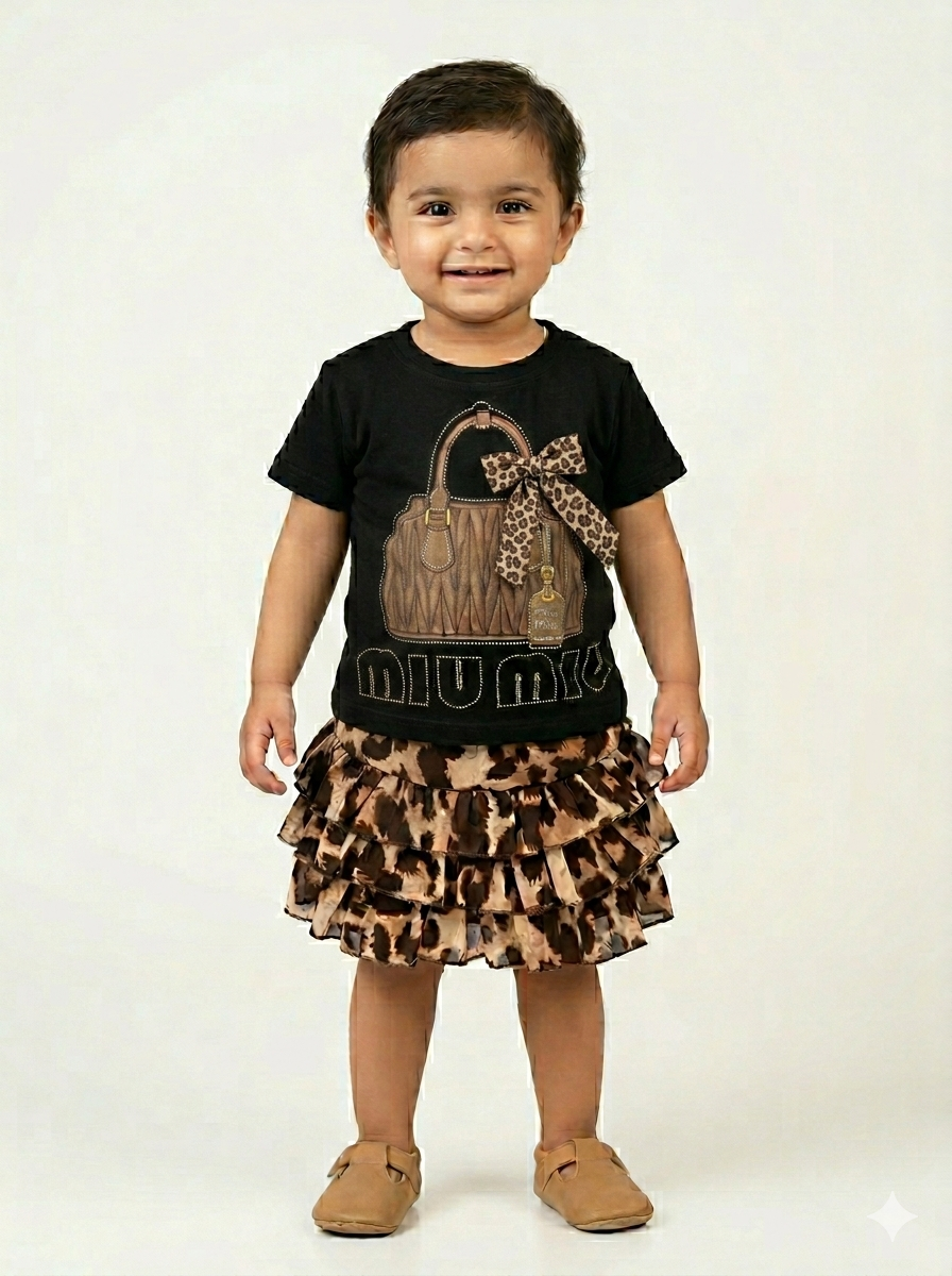 Adorable Toddler Girl Leopard Print Skirt and Designer Style T-Shirt Two-Piece Fashion Outfit Set