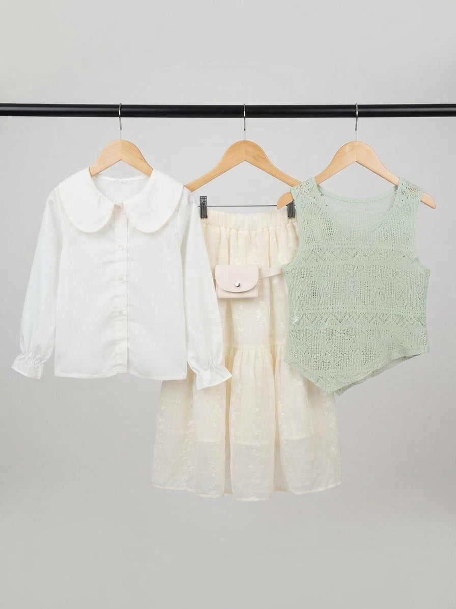 Stylish Kids Three Piece Outfit Set With Collar Shirt And Lace Skirt