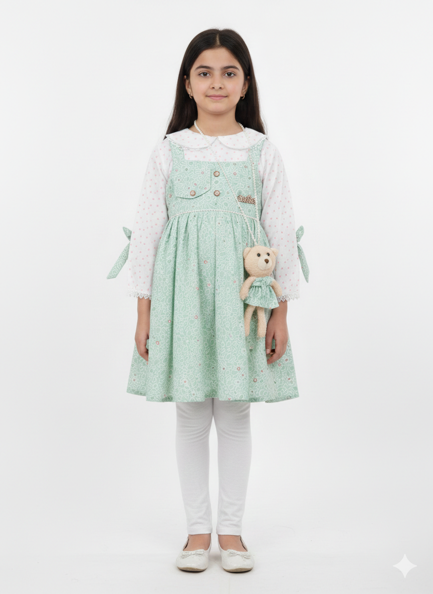 Elegant Mint Green Floral Pinafore Set with Matching Teddy Bear Purse for Young Girls