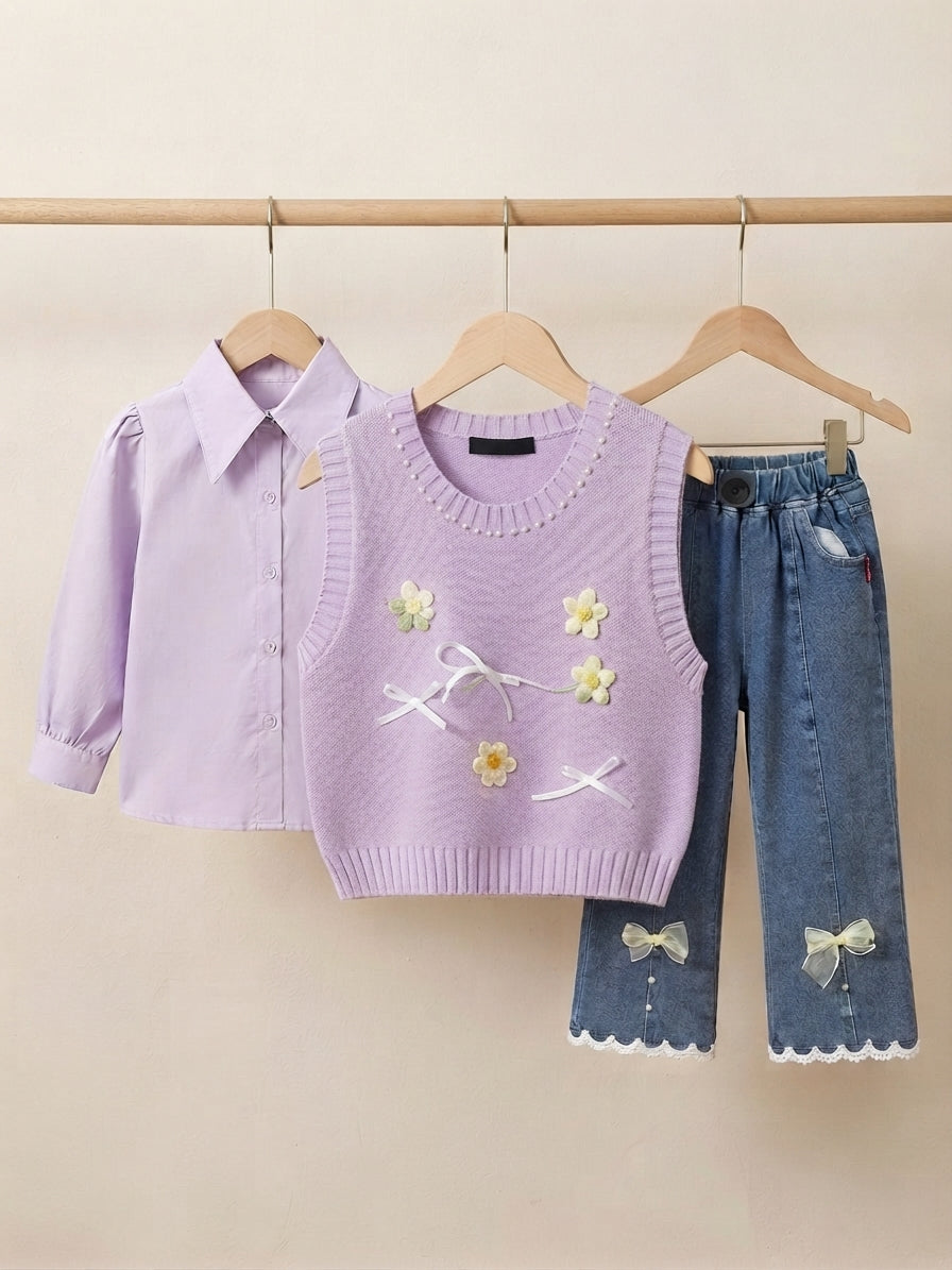 Chic 3-Piece Girls Floral Knit Vest Blouse And Bow Denim Pant Outfit Set
