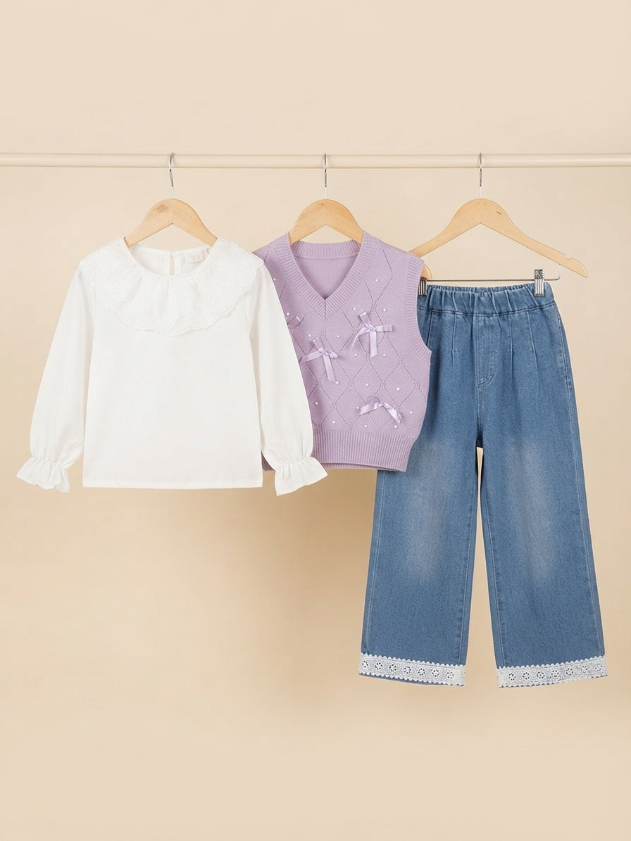 Stylish Kids 3-Piece Girls Outfit Set With Bow Sweater Shirt And Denim Pants