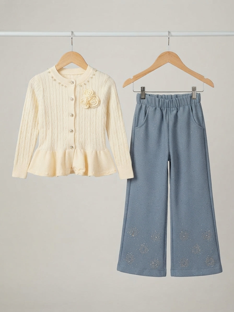 Stylish Kids Two Piece Outfit Set With Beaded Collar Knitted Sweater And Pent