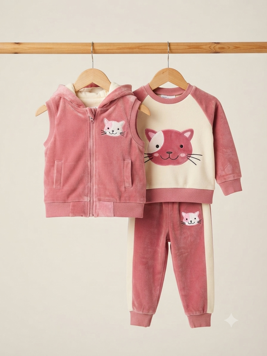 Cute Pink And Cream Velvet Cat Design Baby Hoodie Vest And Tracksuit Set