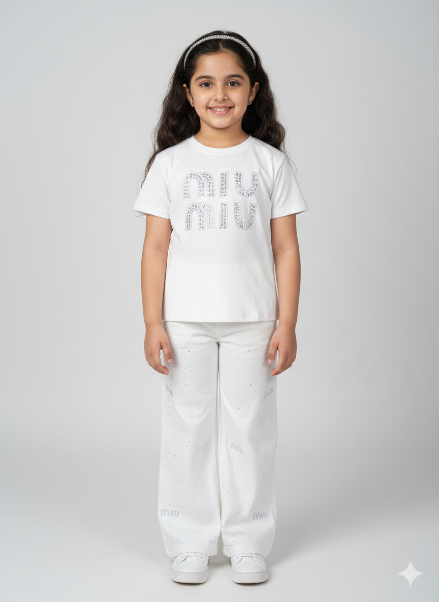 Miu Miu Inspired Kids Premium White Cotton T-Shirt and Matching Wide Leg Pants Set