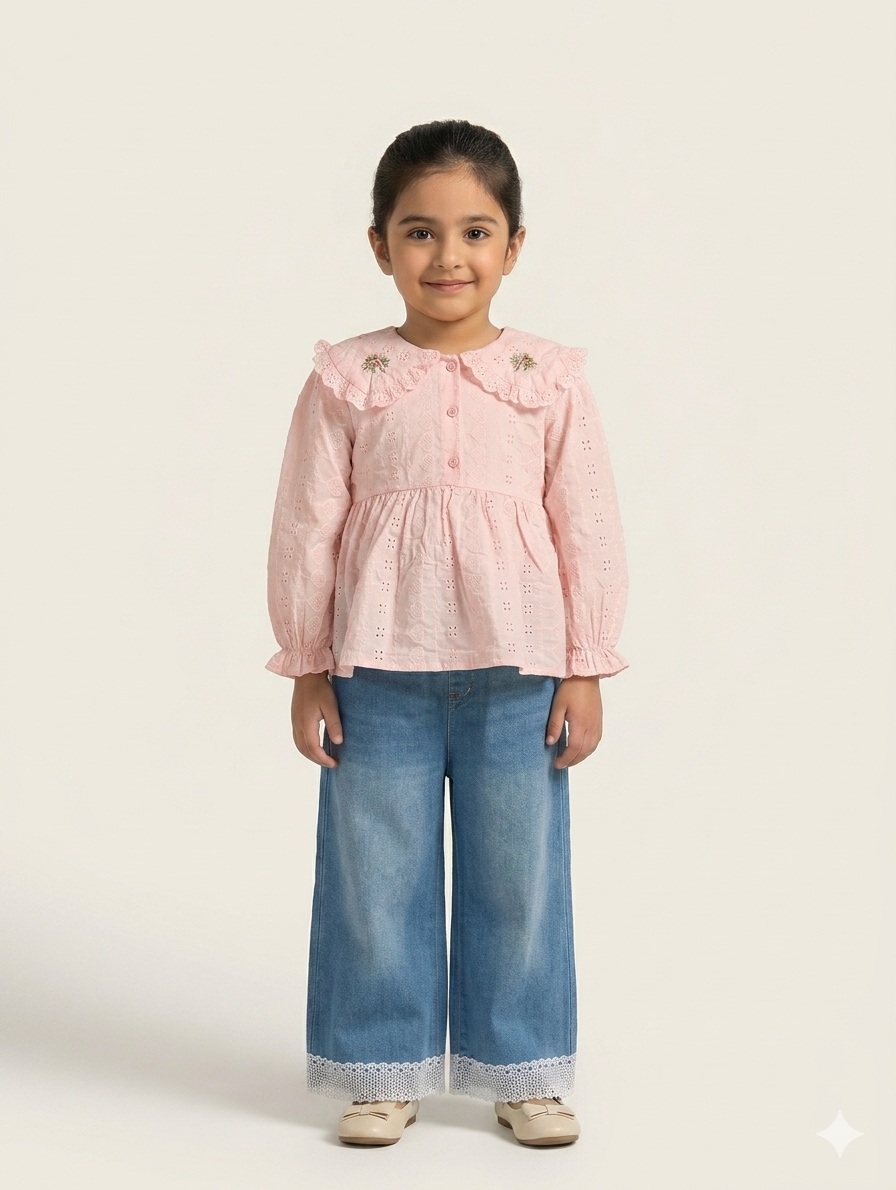 Girls' Embroidered Eyelet Cotton Peplum Blouse with Peter Pan Collar and Ruffled Elastic Cuffs