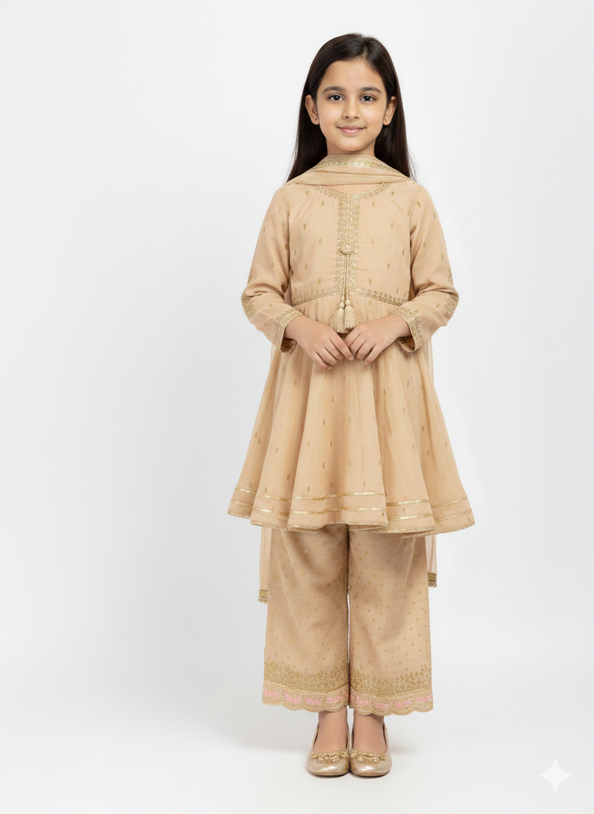 Girls' Elegant Embroidered Peplum Suit with Wide-Leg Trousers and Matching Dupatta - Festive Collection