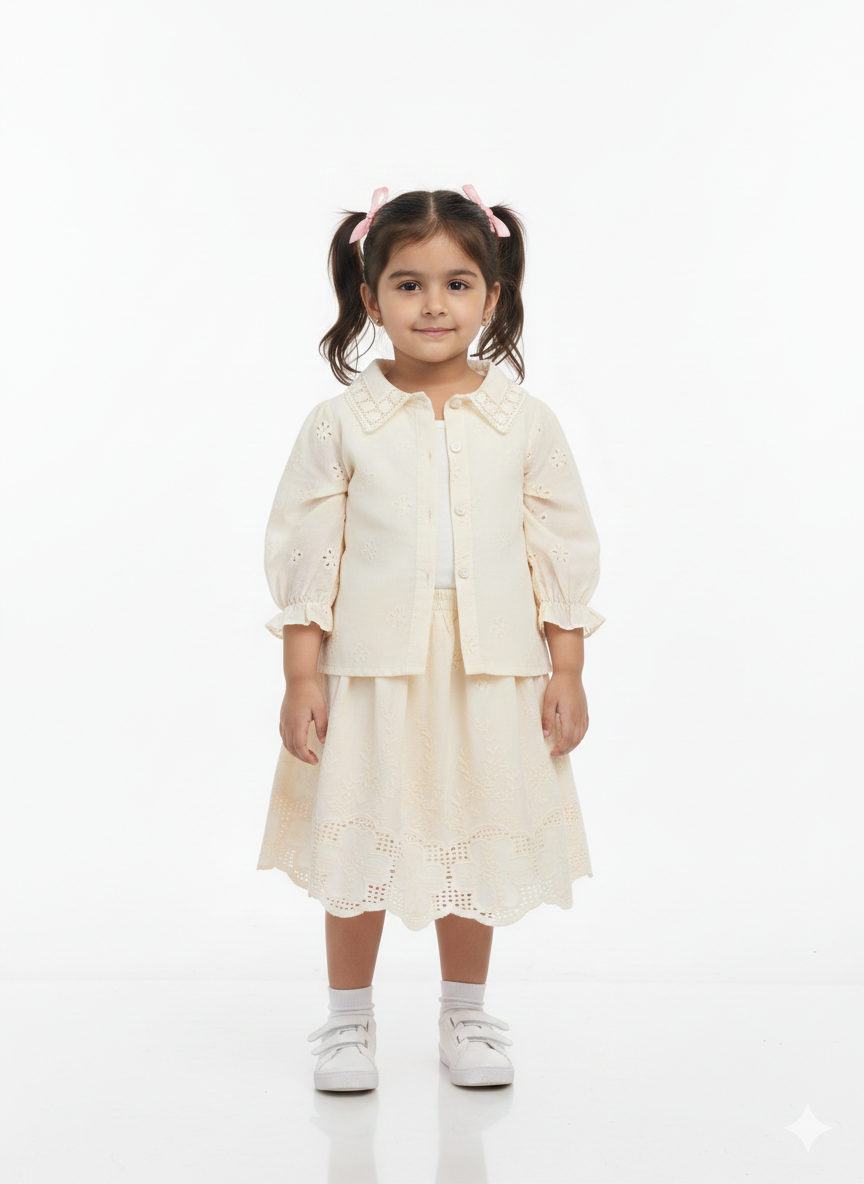 Girls' Elegant Eyelet Lace Skirt & Shirt Set with Scalloped Embroidery and Puff Sleeves