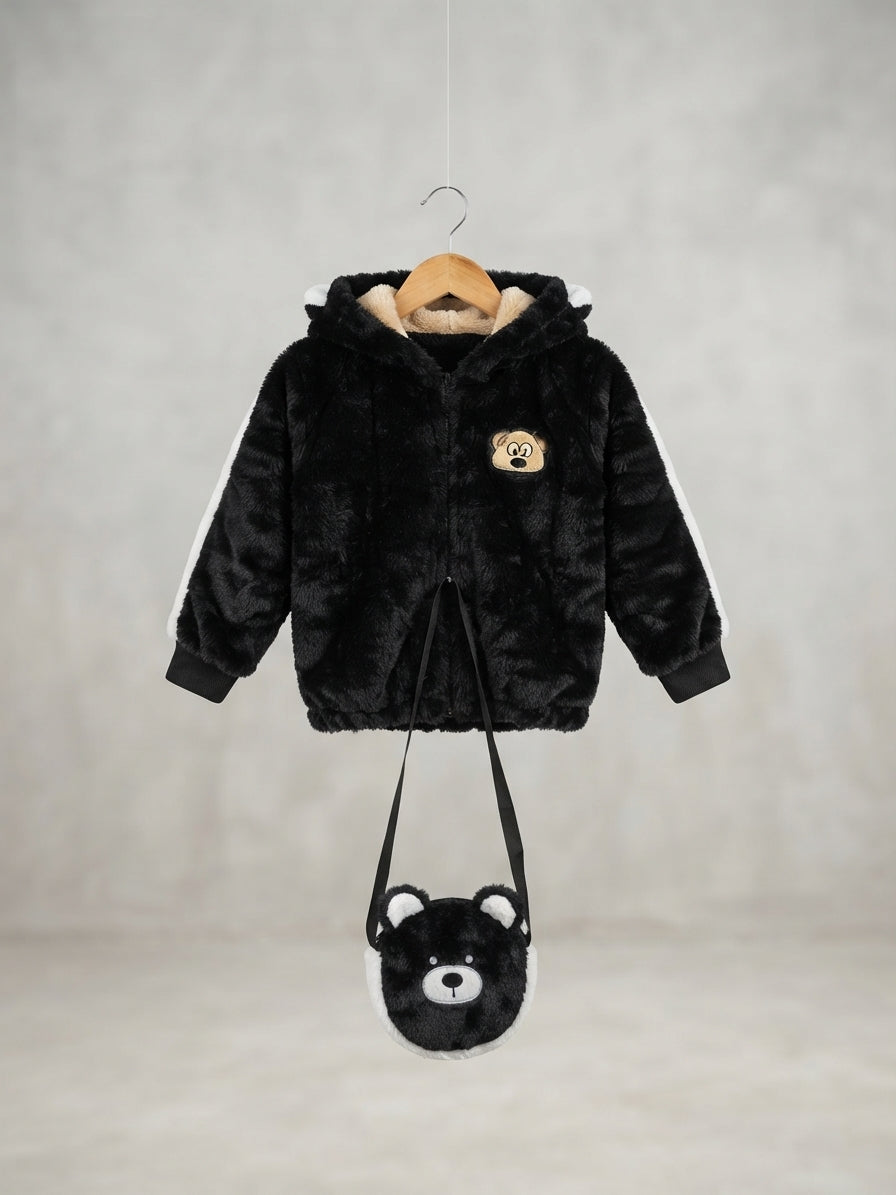 Kids Fluffy Furry Hooded Jacket And Matching Cute Animal Face Sling Bag Set