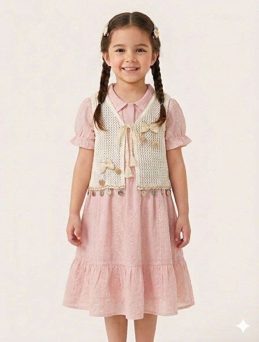 Girls Boho-Chic Tiered Eyelet Dress with Tassel Detail Crochet Vest Two-Piece Set