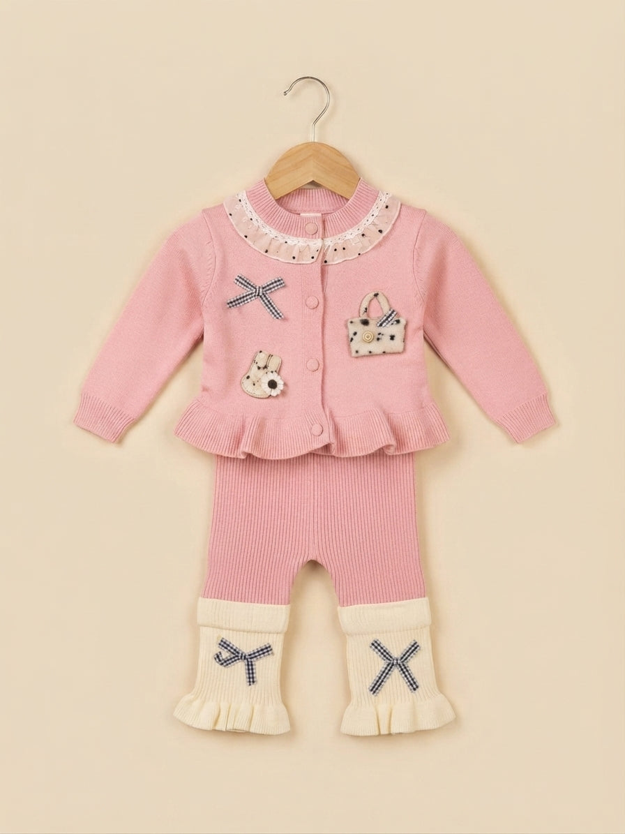 Cute Baby Girls Knitted Ruffle Cardigan And Trouser Set With Sweet Accents
