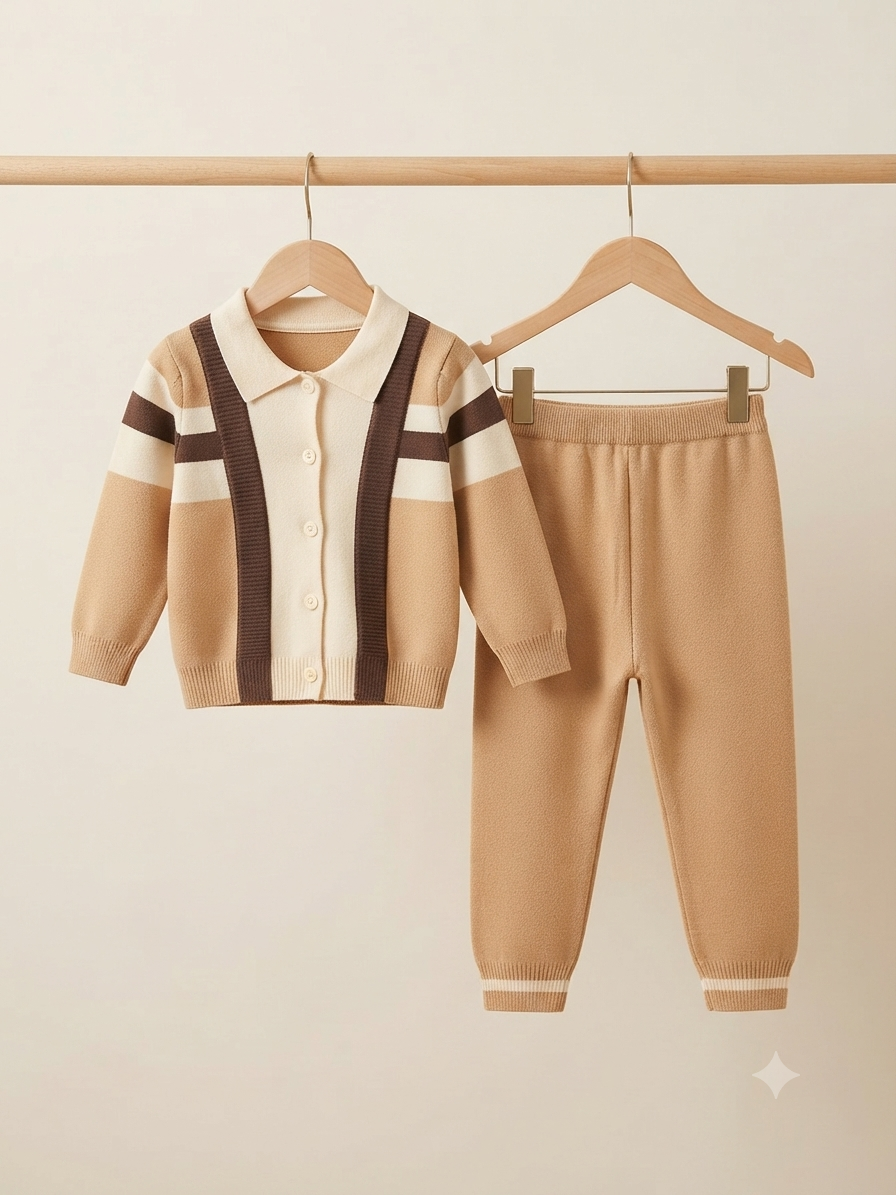 Kids Fashion Knitwear Colorblock Cardigan And Full Length Trouser Matching Winter Outfit Set
