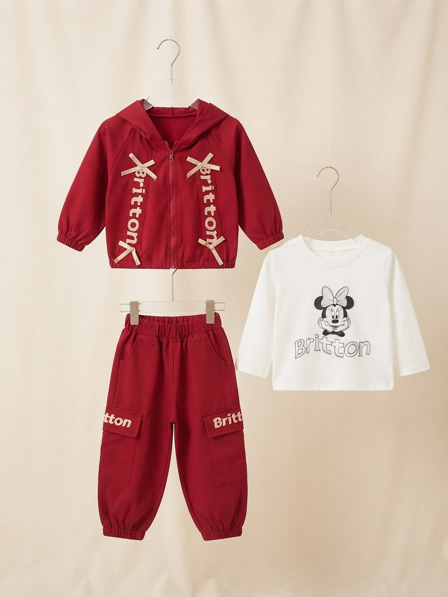 Stylish three-piece girls outfit set featuring a hooded jacket, white shirt, and trousers.