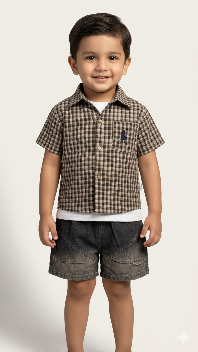 Boys Smart Gingham Plaid Shirt Faded Denim Shorts Casual Summer Clothing Set
