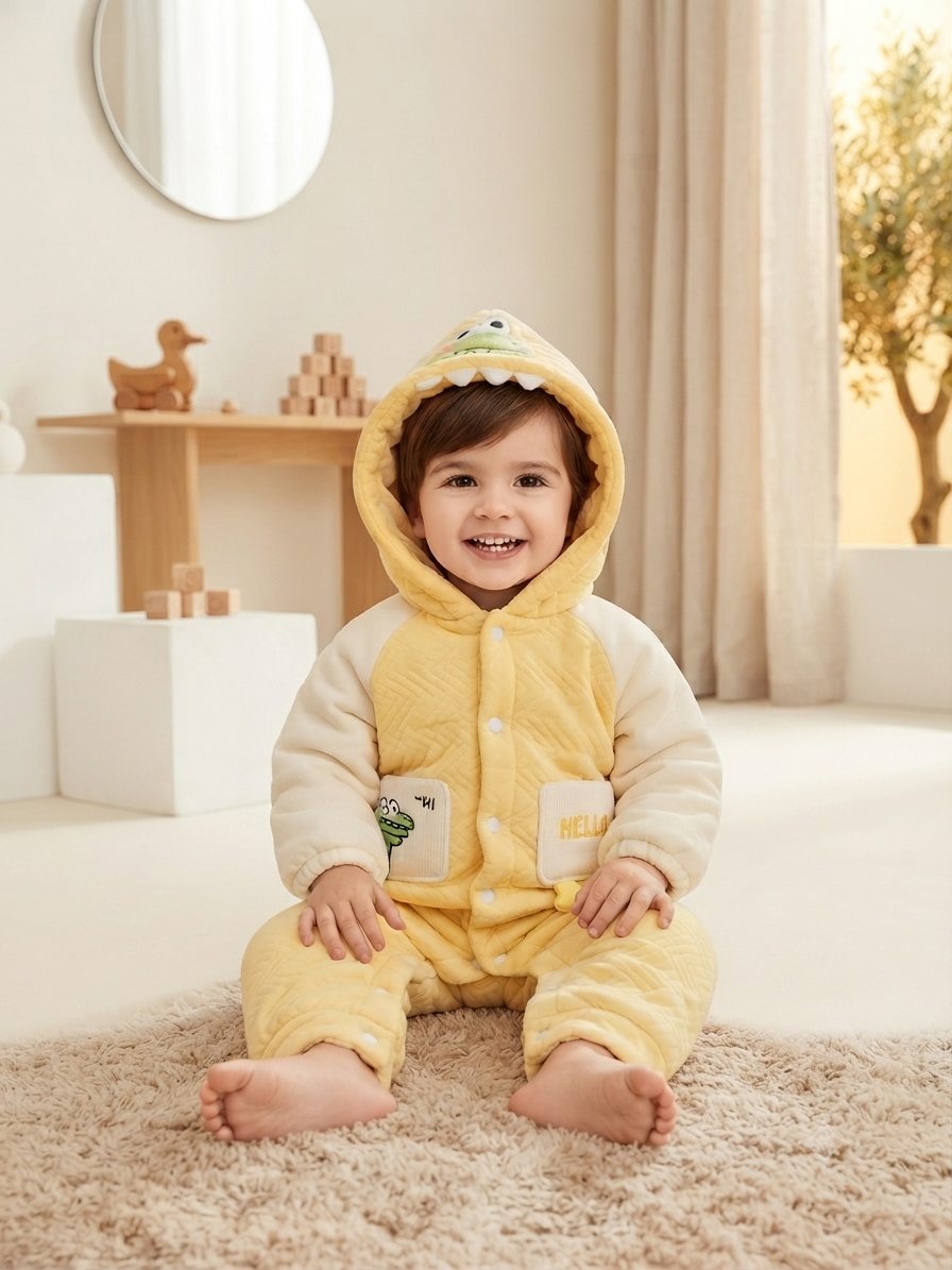 Cute Dinosaur Hooded Baby Romper Warm Fleece Winter Jumpsuit For Toddler Boys And Girls