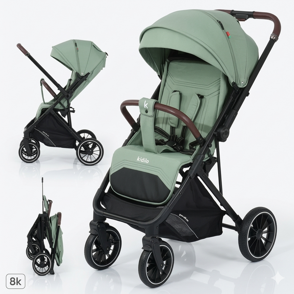 Kidilo Premium Lightweight Foldable Baby Stroller With Adjustable Canopy And Leather Trim Comfort Grip