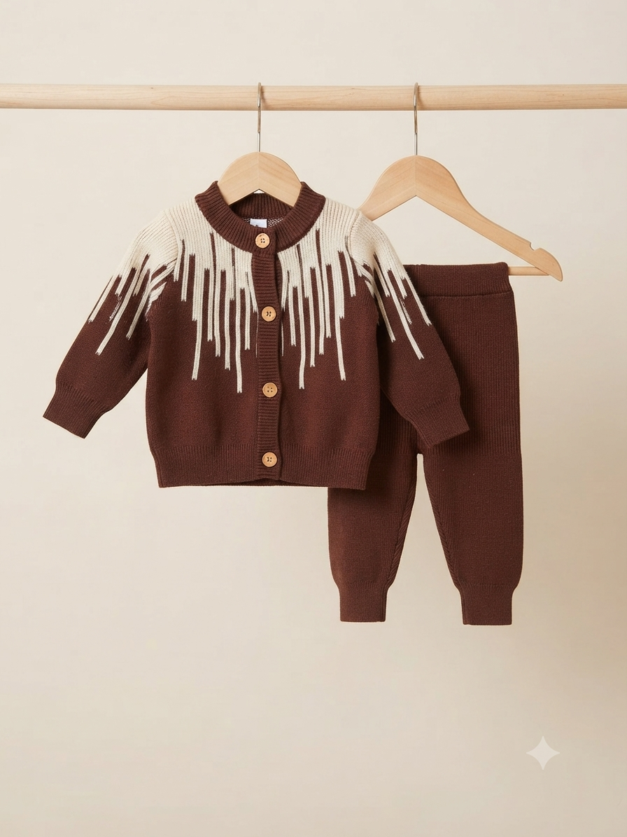 Stylish Kids Winter Knitted Button Closure Cardigan And Full Length Trouser Set