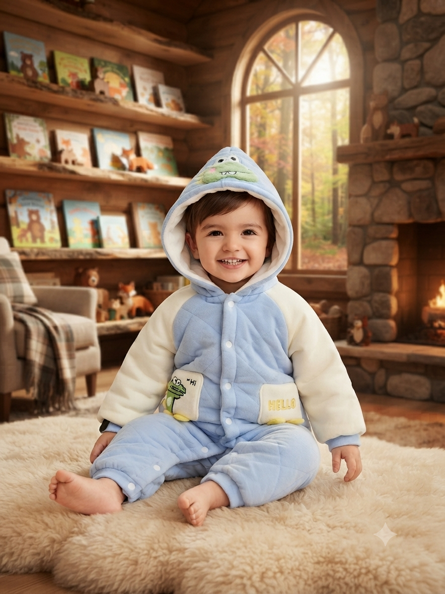 Cute Dinosaur Hooded Baby Romper Warm Fleece Winter Jumpsuit For Toddler Boys And Girls