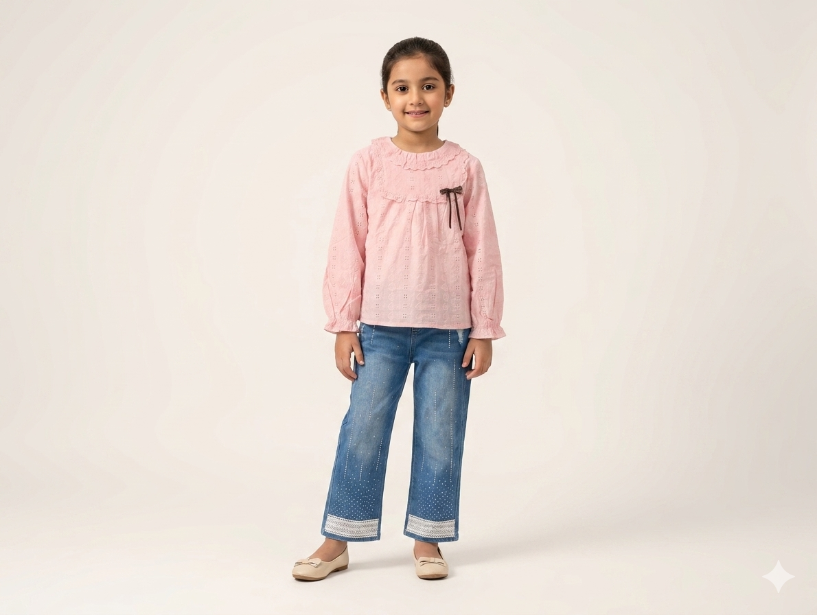 Girls' Lace Trim Eyelet Blouse and Embroidered Wide Leg Denim Jeans Two Piece Set