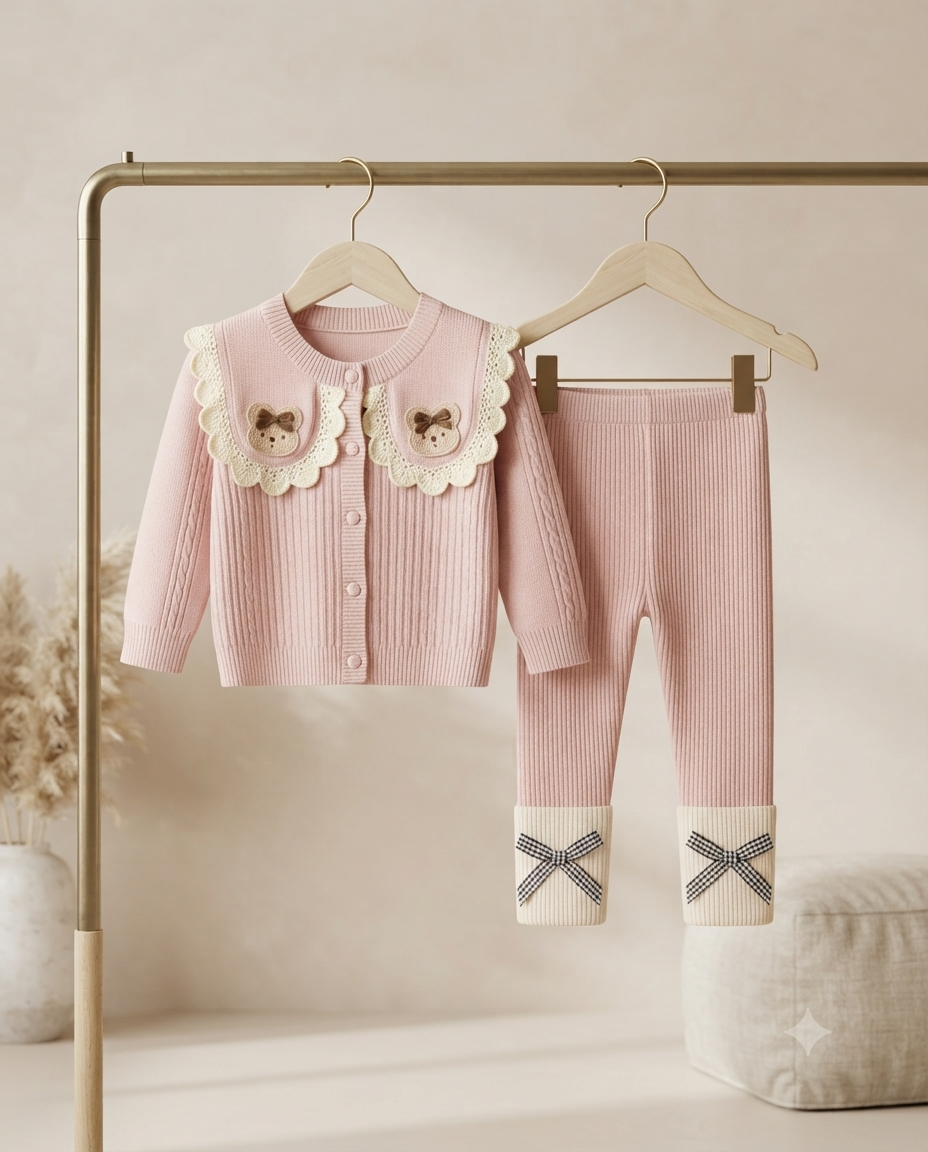 Cute Baby Girls Knit Sweater And Pants Set With Adorable Bear Collars And Bows