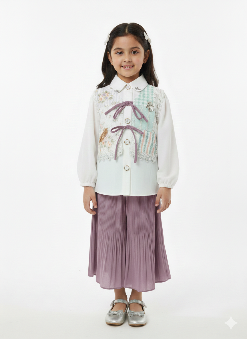 Elegant Girls' Patchwork Floral Blouse and Pleated Culottes Set in Mint and Dusty Mauve