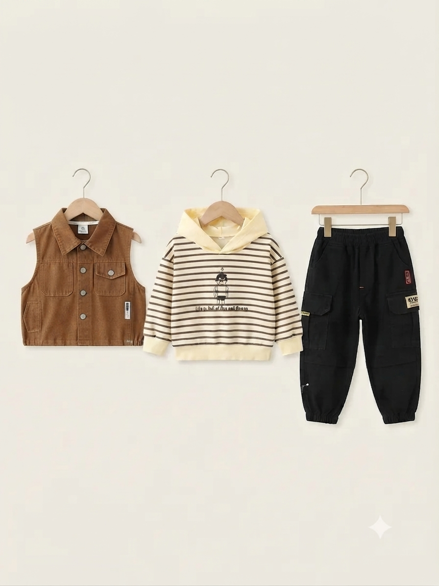 Stylish 3-Piece Kids Outfit Set Featuring Vest, Striped Hoodie, and Cargo Pants