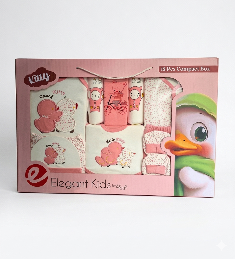 Elegant Kids 12-Piece Kitty and Duckling Theme Baby Gift Set in Blue, Gray, Pink