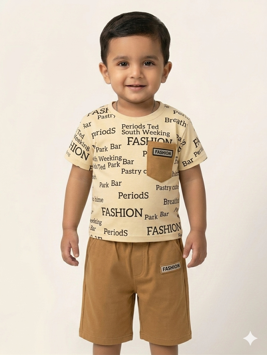 Boys Trendy All-Over Typographic Print T-Shirt and Matching Shorts Two-Piece Casual Summer Co-ord Set
