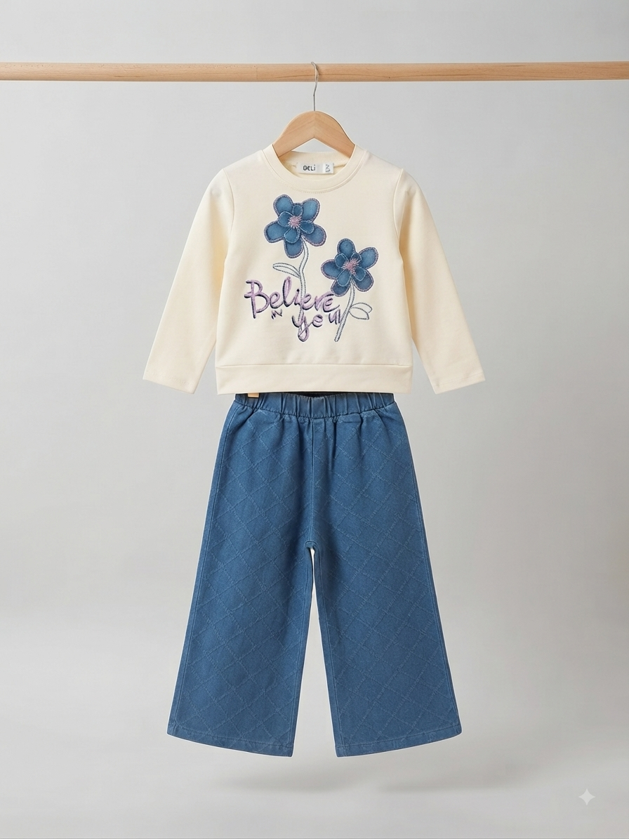 Kids Floral Print Sweatshirt And Quilted Blue Trousers Set