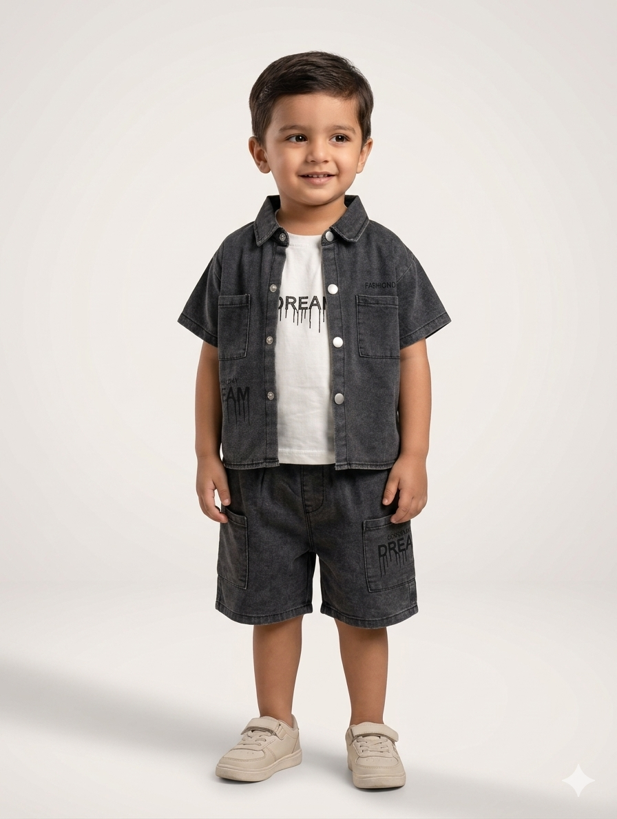 Boys Three-Piece Denim Outfit Set with Graphic Tee and Matching Cargo Shorts in Two Colors