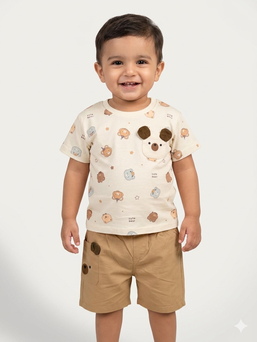 Adorable Toddler Boys Bear Print Cotton T-Shirt and Khaki Shorts Two Piece Summer Outfit Set