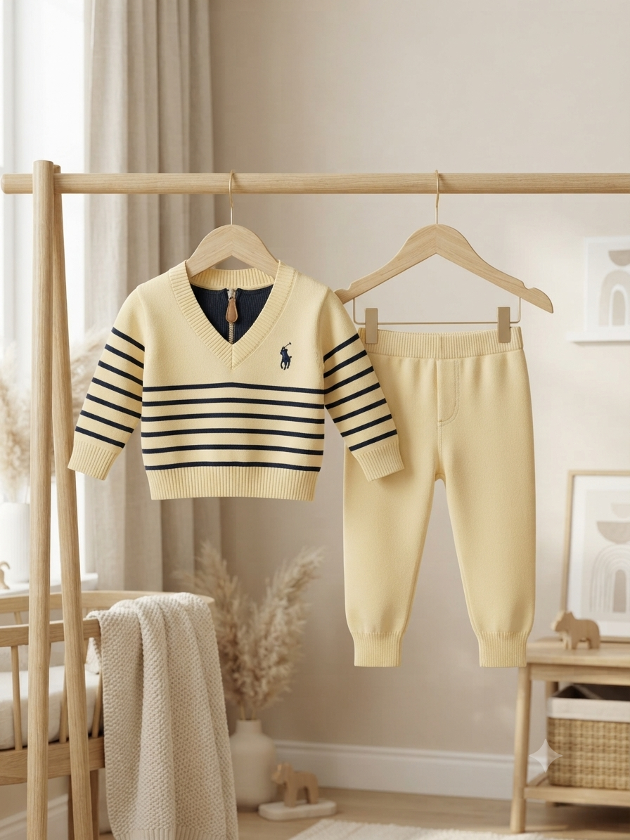 Stylish Kids Winter Knitted Striped V Neck Pullover And Full Length Trouser Set