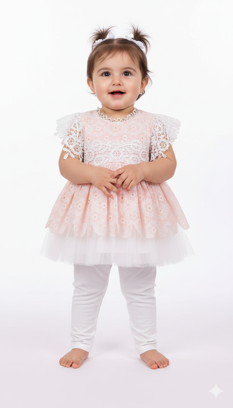 Elegant Baby Girl Lace Overlay Party Dress With Flutter Sleeves And Soft Tulle Skirt