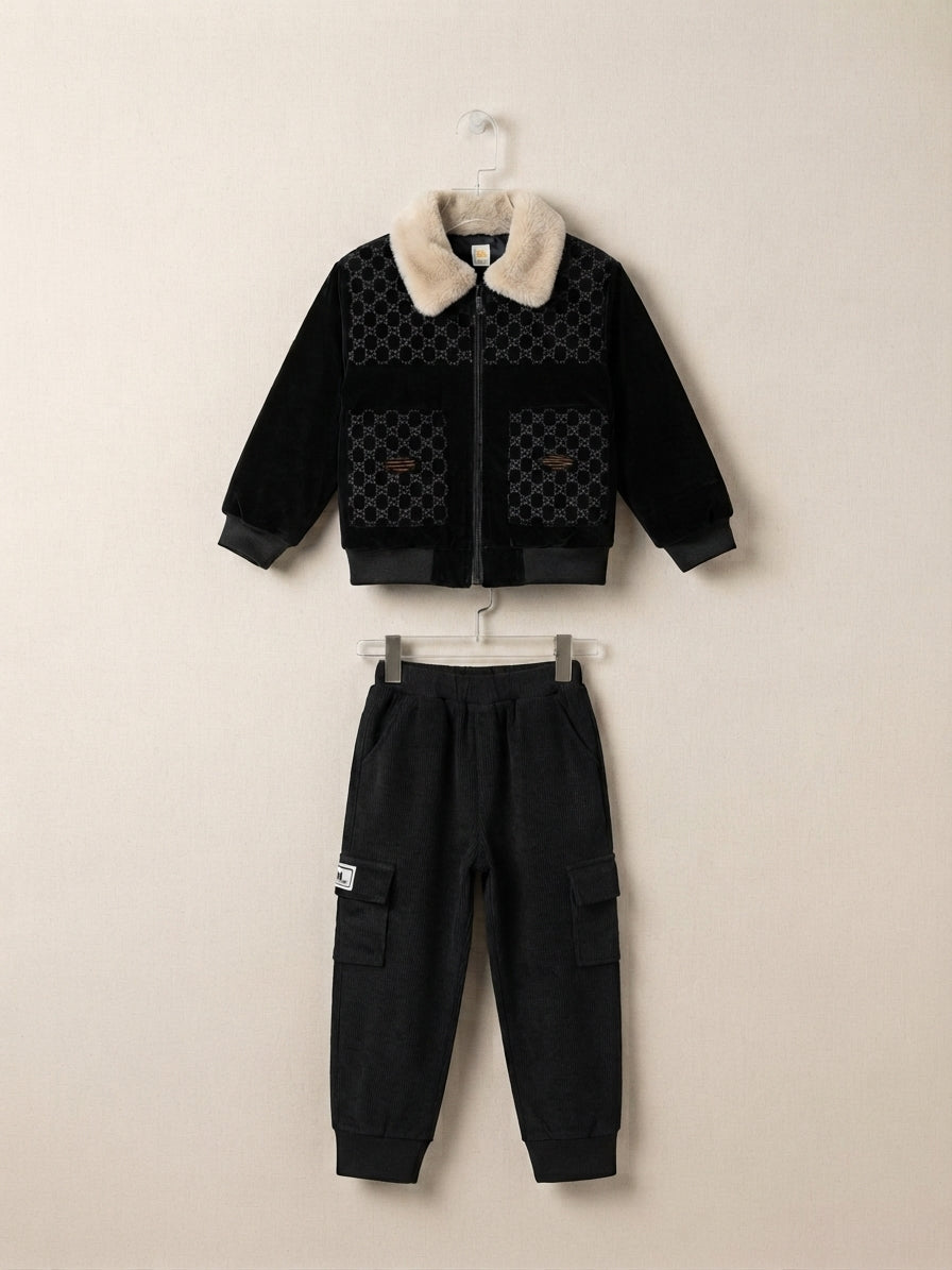 Stylish Kids Winter Jacket and Cargo Pants Outfit Set For Daily Wear