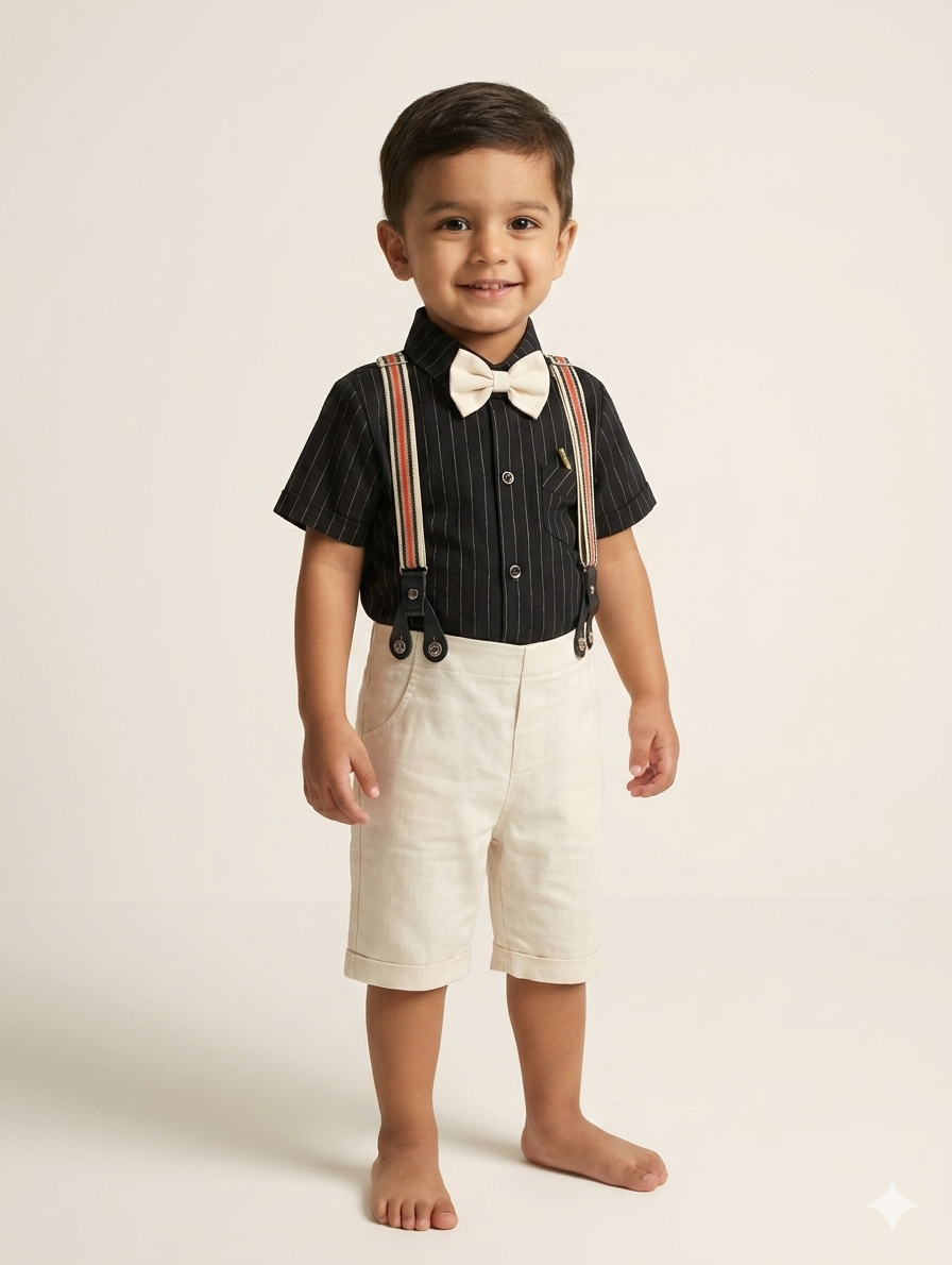 Boys' Formal Pinstripe Shirt and Shorts Set with Suspender and Bow Tie Accessories